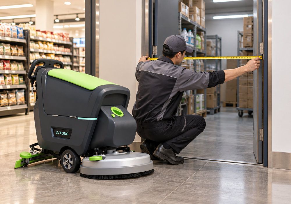 Small Floor Scrubber Size and Doorway Clearance Measurement - LVTONG Technician measuring a retail storage doorway beside a LVTONG compact floor scrubber