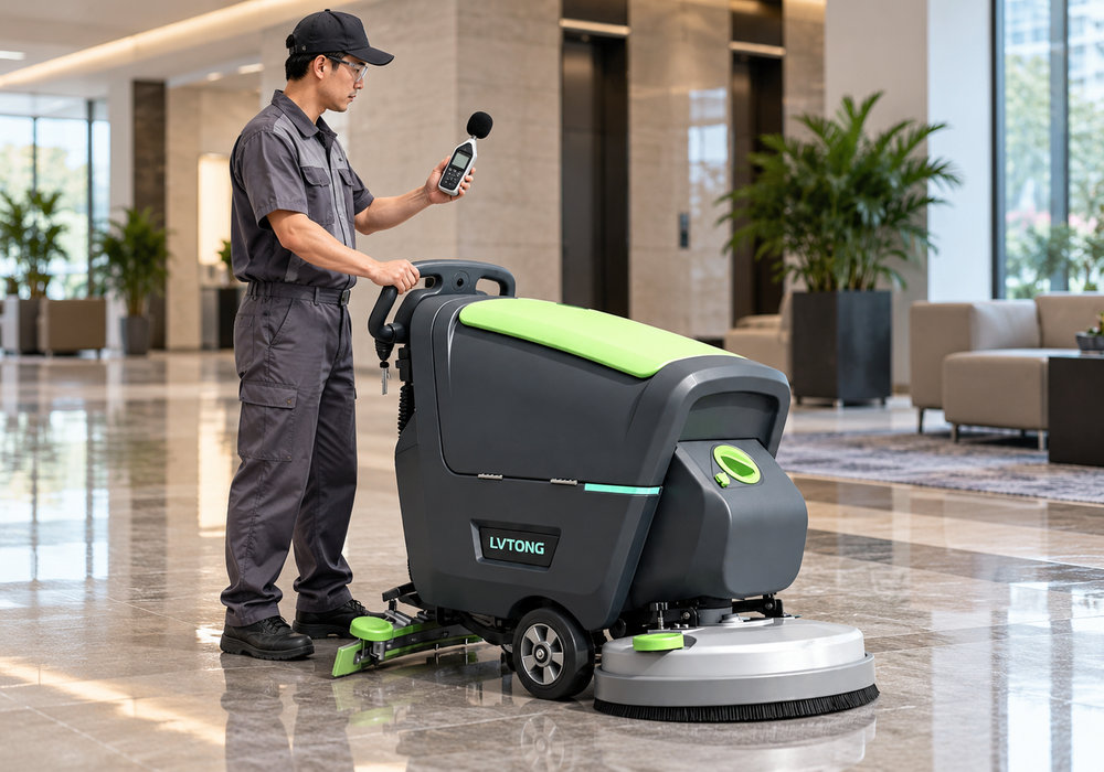 Measuring Floor Scrubber Noise Levels in Decibels - LVTONG Technician measuring floor scrubber operating noise with a handheld sound level meter beside a LVTONG cleaning machine