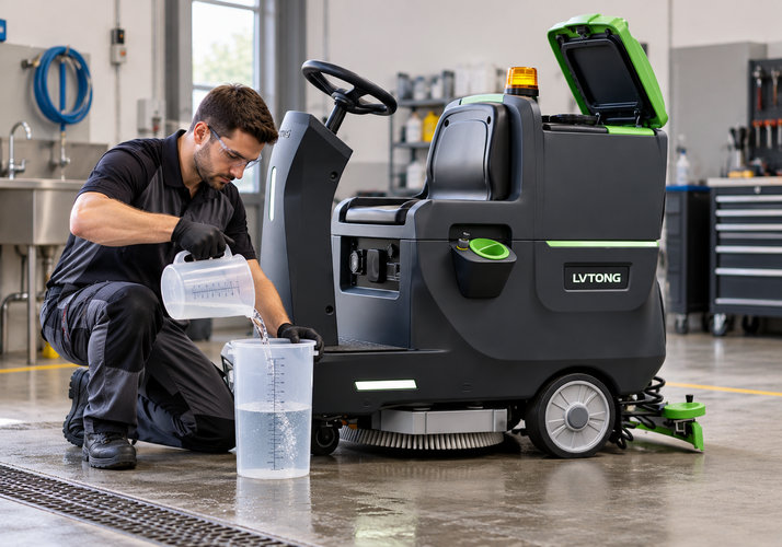 Measuring Usable Floor Scrubber Water Tank Capacity - LVTONG Technician measuring usable floor scrubber tank capacity in litres with graduated containers beside a LVTONG ride-on scrubber