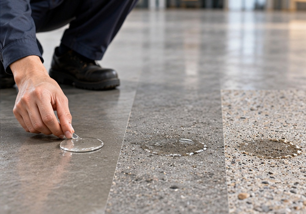Wasseraufnahmeprüfung und Oberflächenidentifizierung von Betonböden – LVTONG Ein Techniker führt einen Wassertropfenabsorptionstest an versiegelten, unversiegelten und polierten Betonbodenproben durch.