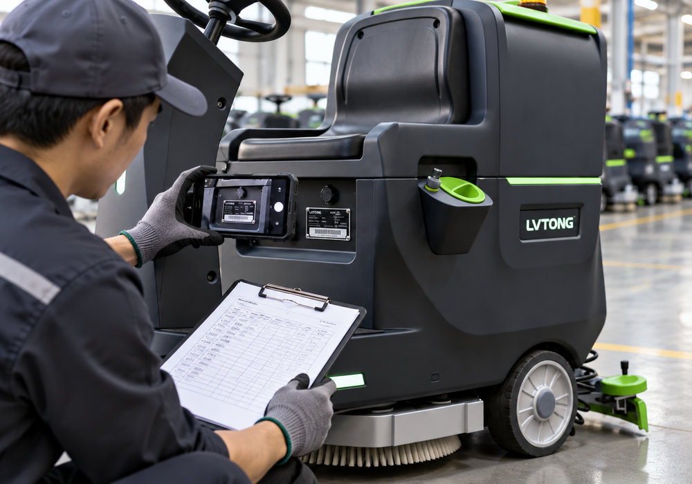 Floor Scrubber Serial Number and Operating Log for Warranty Claims - LVTONG Technician photographing the serial number plate of a LVTONG floor scrubber while checking an operating log