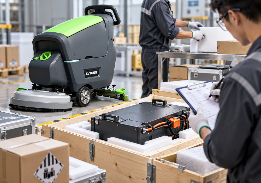 Floor Scrubber Lithium Battery Shipping Document Inspection - LVTONG Technician reviewing battery shipping documentation beside a protected lithium battery pack and LVTONG floor scrubber