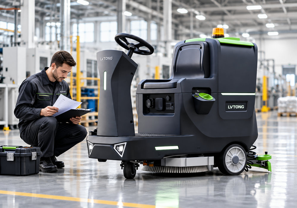 LVTONG Floor Scrubber Warranty Guide for Export Buyers - LVTONG Technician reviewing warranty documents beside a LVTONG ride-on floor scrubber in an industrial workshop