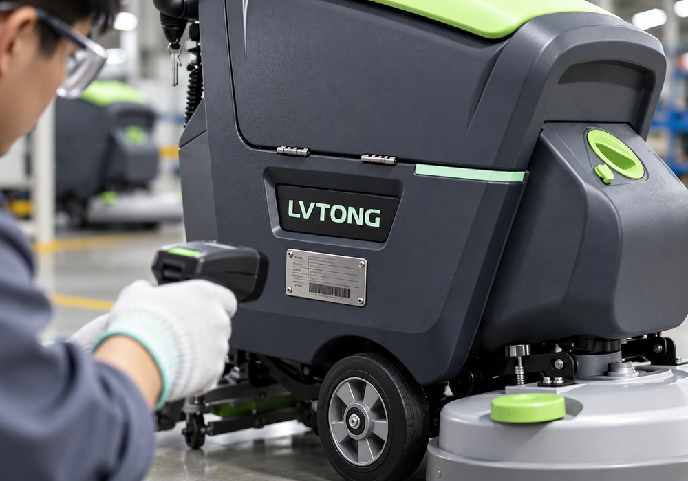 LVTONG Floor Scrubber Serial Number and Product Traceability - LVTONG Technician scanning a metal identification plate on a LVTONG floor scrubber for serial number traceability