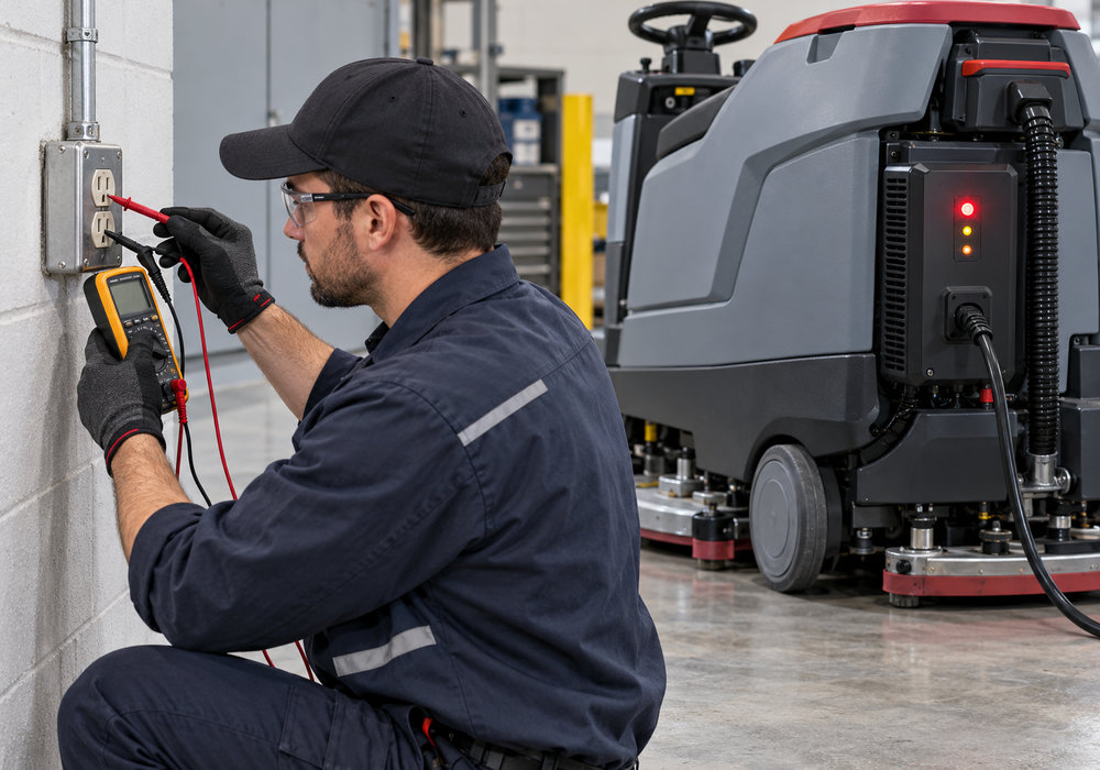 Floor Scrubber Site Voltage Testing and Charger Troubleshooting - LVTONG Technician testing an electrical outlet with a multimeter beside a commercial floor scrubber showing a charger warning light