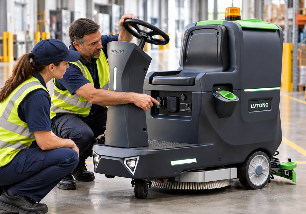Floor Scrubber Operator Training Modules and Control Demonstration - LVTONG Trainer demonstrating LVTONG ride-on floor scrubber controls to a new operator during practical equipment training