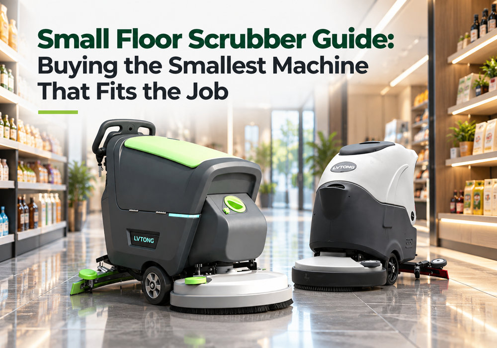 Small Floor Scrubber Guide: Buying the Smallest Machine That Fits the Job - LVTONG - LVTONG Two LVTONG small walk-behind floor scrubbers displayed in a modern retail aisle for equipment comparison