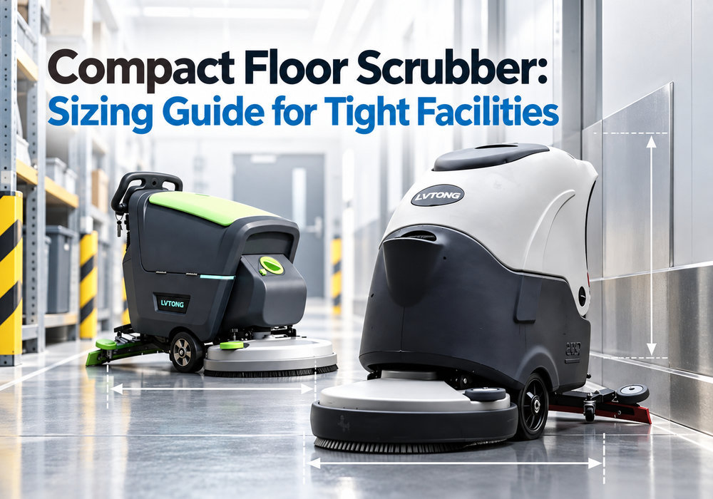 Compact Floor Scrubber Sizing Guide for Tight Facilities - LVTONG - LVTONG Two compact floor scrubbers shown with sizing guides in a narrow facility corridor for comparing machine dimensions