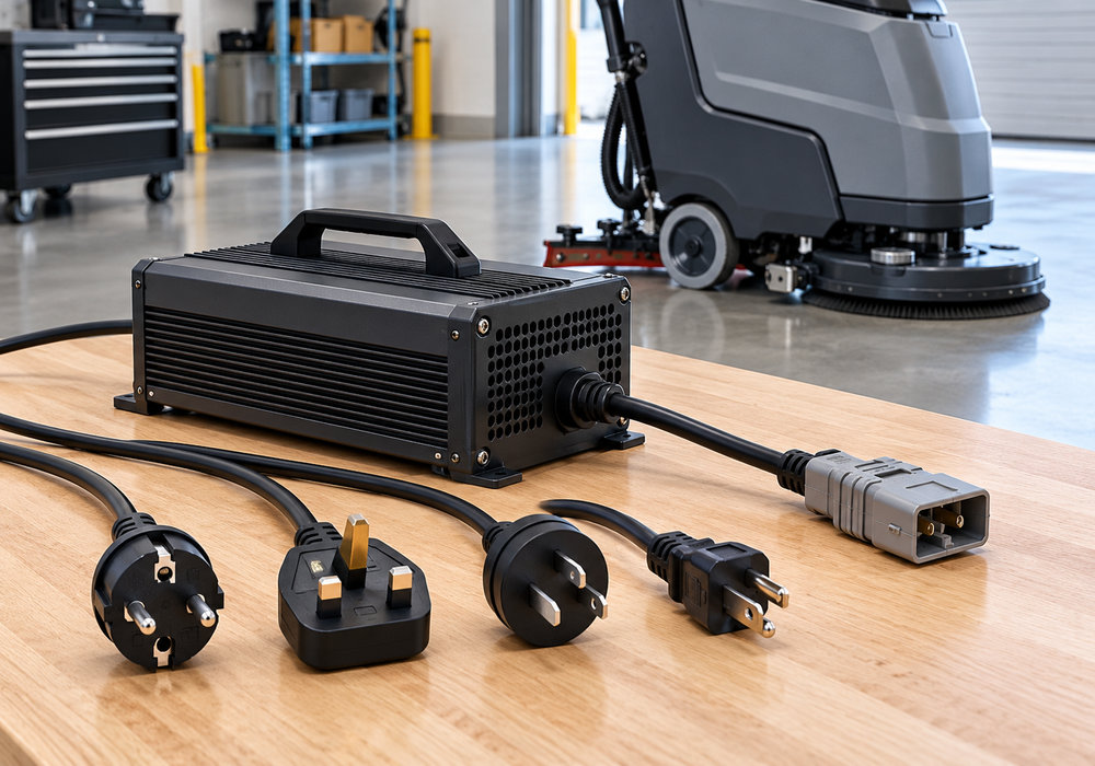 Floor Scrubber Plug Types Comparison for International Buyers - LVTONG Type F, Type G, Type I and NEMA power plugs displayed beside a commercial floor scrubber battery charger