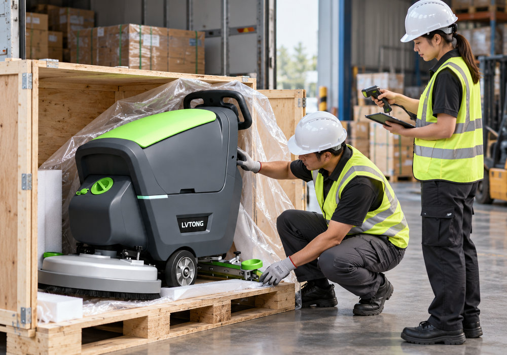 LVTONG Floor Scrubber Receiving Inspection and Shipping Damage Check - LVTONG Warehouse inspectors checking a packaged LVTONG floor scrubber with a barcode scanner and receiving inspection checklist