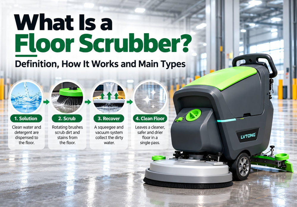 What Is a Floor Scrubber? Definition, How It Works and Main Types - LVTONG - LVTONG What is a floor scrubber infographic featuring a LVTONG walk-behind machine, four cleaning steps and different floor scrubber types