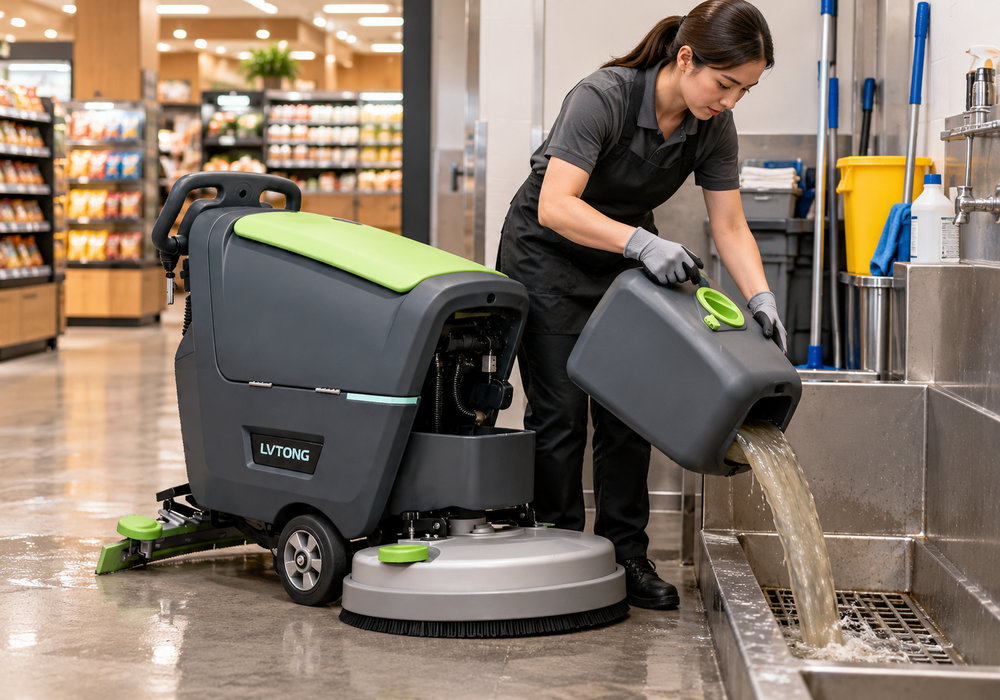 LVTONG Compact Floor Scrubber Recovery Tank Emptying - LVTONG Worker emptying the recovery tank of a LVTONG walk-behind floor scrubber into a utility sink