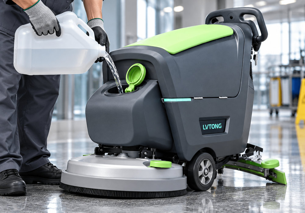 LVTONG Commercial Floor Scrubber Water Tank Refilling - LVTONG Worker refilling the water tank of a LVTONG walk-behind commercial floor scrubber