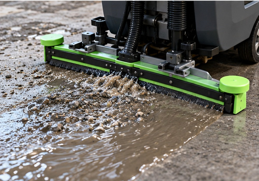 Rückgewinnung von Abziehern mit einer Scheuermaschine auf rauen Betonböden - LVTONG Nahaufnahme des hinteren Abstreifers einer gewerblichen Scheuersaugmaschine, der schmutziges Abwasser von einem rauen Betonboden in einer Lagerhalle aufnimmt.