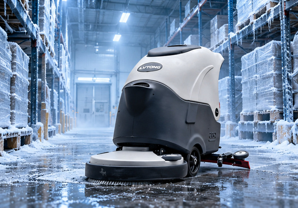 Cold Storage Warehouse Floor Cleaning Equipment - LVTONG LVTONG walk-behind floor scrubber in a cold storage warehouse with frost-covered racks and a low-temperature environment