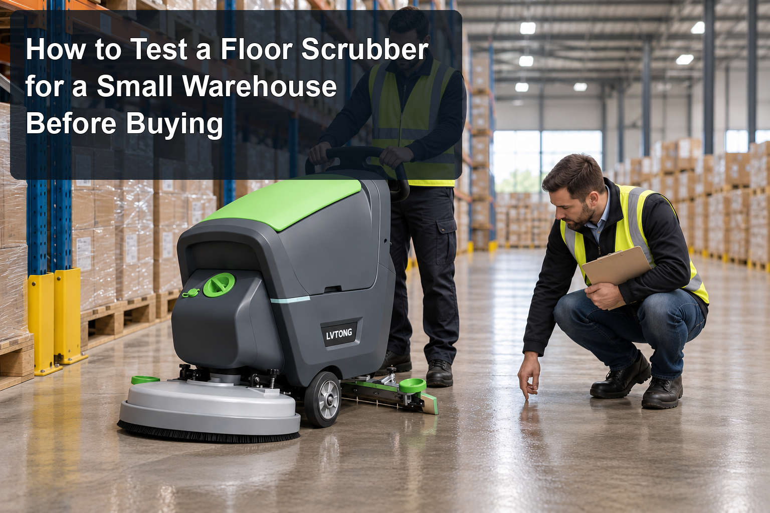 How to Test a Floor Scrubber for a Small Warehouse Before Buying - LVTONG LT-S530X route trial in a warehouse aisle - LVTONG - LVTONG How to Test a Floor Scrubber for a Small Warehouse Before Buying - LVTONG LT-S530X route trial in a warehouse aisle