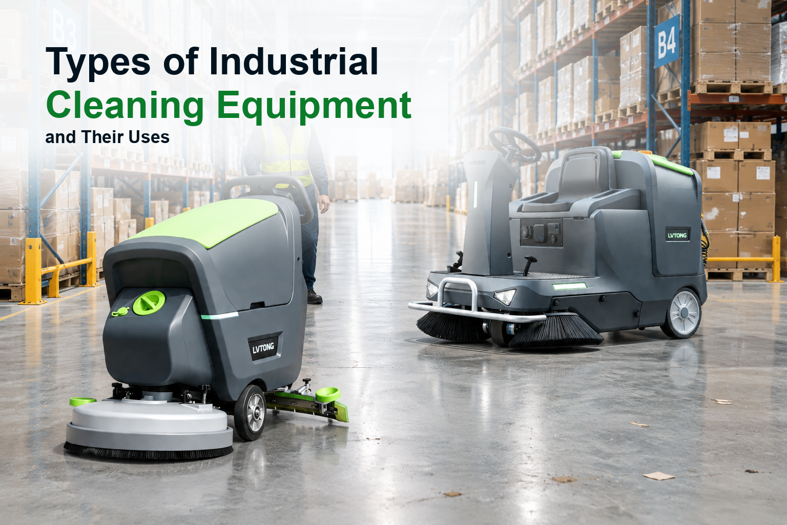 industrial-cleaning-equipment-types-uses-cover - LVTONG - LVTONG Types of Industrial Cleaning Equipment and Their Uses - LVTONG walk-behind scrubber dryer and ride-on sweeper in a warehouse