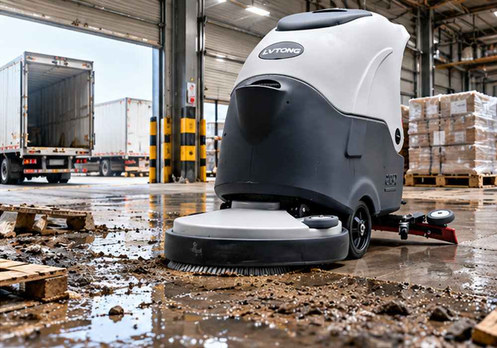 Warehouse Loading Dock Debris and Industrial Floor Cleaning - LVTONG Sand, dirt and wooden pallet debris scattered across a warehouse loading dock floor near a delivery truck