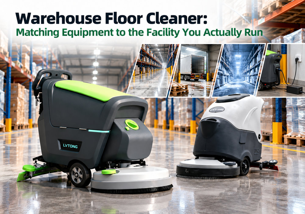 Warehouse Floor Cleaner: Matching Equipment to the Facility You Actually Run - LVTONG - LVTONG Warehouse floor cleaner guide featuring two LVTONG commercial floor scrubbers with warehouse aisles, loading docks, cold storage and conventional battery charging scenes