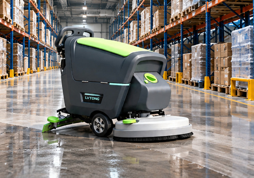 Warehouse Floor Cleaner for Industrial Distribution Centers - LVTONG LVTONG commercial floor scrubber cleaning a wide aisle in a distribution warehouse with pallet storage racks