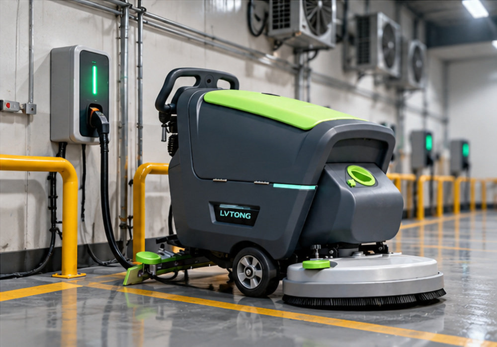Warehouse Floor Scrubber Charging with a Portable Battery Charger - LVTONG LVTONG commercial floor scrubber connected to a portable battery charger plugged into a standard wall outlet in a warehouse charging area